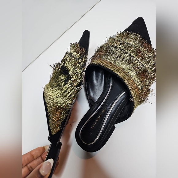 Zara Pointy-Toe Flat Mules with Fringe Black/Gold, Size 38 - Picture 2 of 16